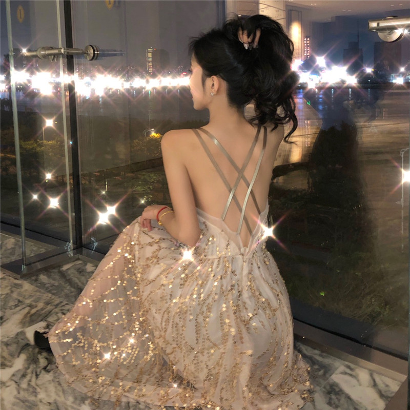 Luxury sequin birthday party party party evening dress celebrity sexy backless super fairy midi skirt suspender dress summer