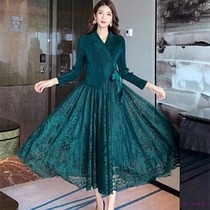 2020 Autumn Dress New Womens Suit Collar Fake Two Closets Slim Long Sleeves Long Lace Triple mansion Wrinkled Pleas Dress