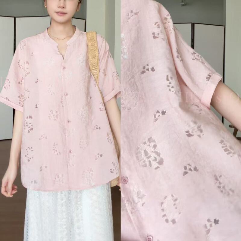 Moonpro Original [Sakura] Pink Hollow-Out Casual Versatile Design Loose Slimming V-Neck Shirt