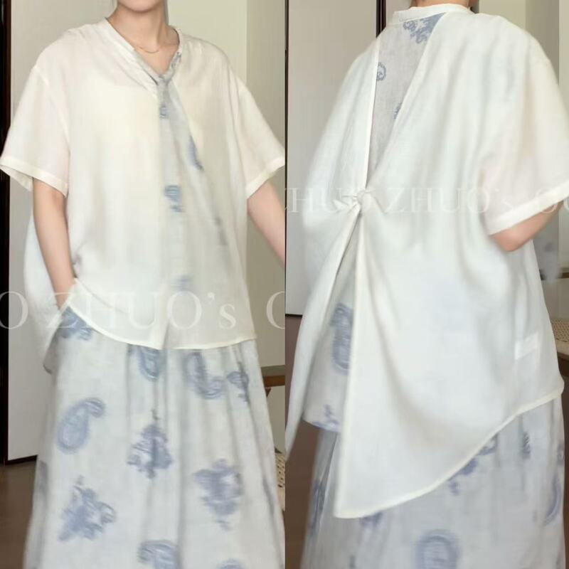 Moonpro Original【Inviting the Moon】Patchwork Chinese-Style Silk Scarf Simple Design Retro Loose Short-Sleeve Shirt Moonpro Original【Inviting the Moon】Patchwork Chinese-Style Silk Scarf Simple Design Retro Loose Short-Sleeve Shirt