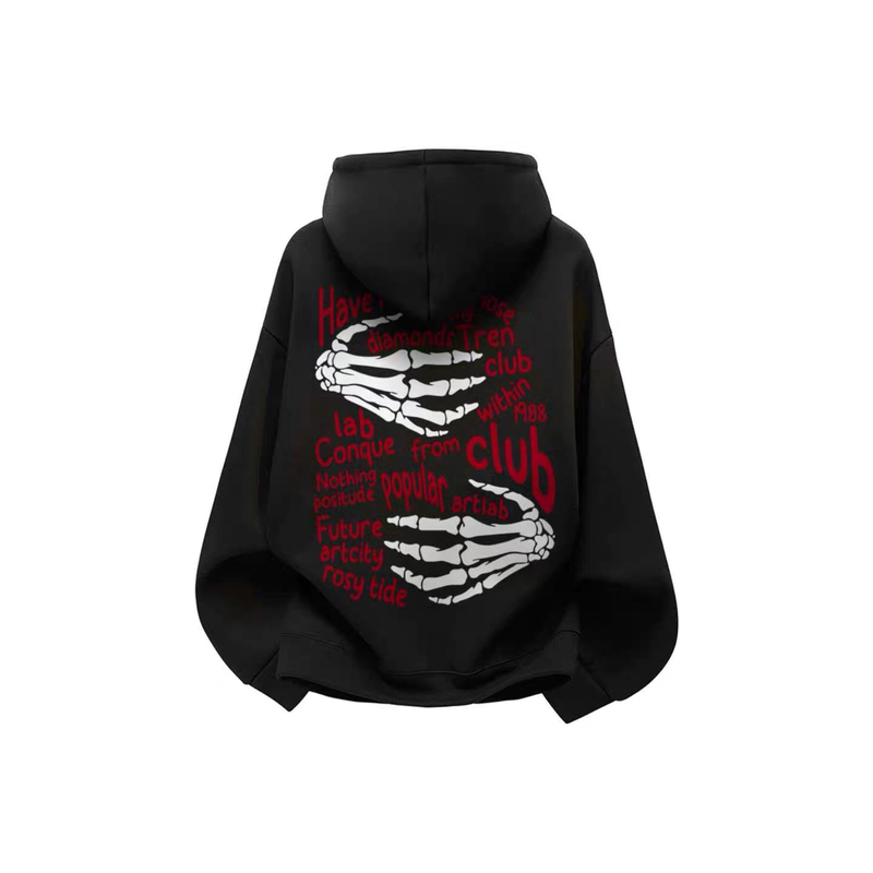 American Street Style Skull Hand Print Hooded Sweatshirt, Unisex, Loose Fit, Casual, Versatile, Street-Friendly, Everyday Warmth American Street Style Skull Hand Print Hooded Sweatshirt, Unisex, Loose Fit, Casual, Versatile, Street-Friendly, Everyday Warmth