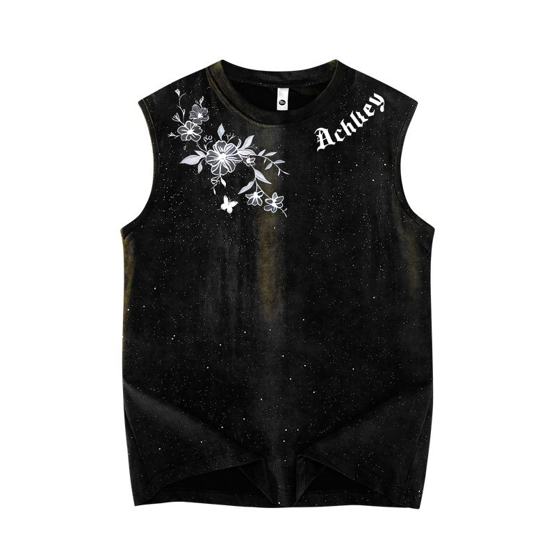 Nasawassup Starry Sky Floral Print Vest Street Style Round Neck Loose Summer Casual Trendy Brand Sleeveless Vest