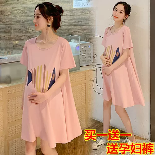 Летнее платье для беременных, тонкая юбка, длинный летний комплект, летняя одежда, короткий рукав, оверсайз, средней длины