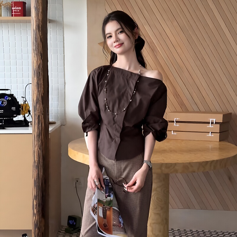 French Style [Cappuccino] Top for Women, Early Autumn 2026 New Model, French Off-Shoulder Simple Versatile Long-Sleeve Shirt
