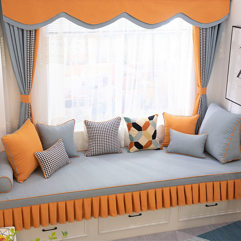 Hao's house custom-made bay window mat Nordic small luxury high-end orange-grey houndstooth window sill mat can be dismantled and washed for four seasons