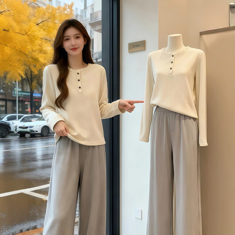 Lace-Trimmed Round-Neck Long-Sleeve T-Shirt for Women, Autumn Plus-Size Slimming Top That Hides the Belly, Casual Inner Wear Lace-Trimmed Round-Neck Long-Sleeve T-Shirt for Women, Autumn Plus-Size Slimming Top That Hides the Belly, Casual Inner Wear