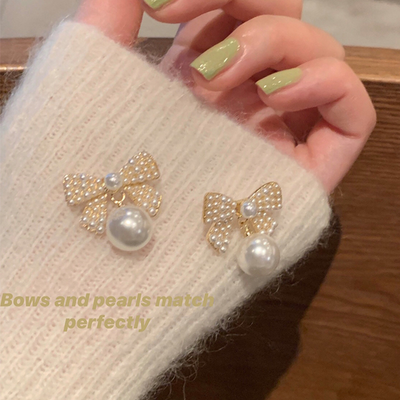 Korean bow earrings pearl autumn and winter women's temperament high-end exquisite 2022 new trendy ear pin earrings