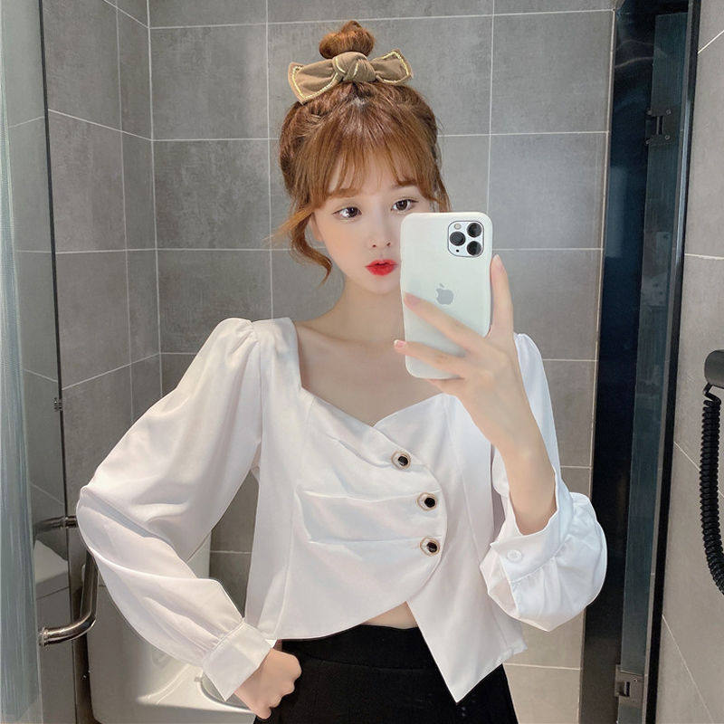 Autumn Summer new design senses irregular square collar with slim 100 lap short length sleeves shirt women's clothing blouses