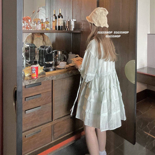 Summer Women's Fashion New Tide ins2022 New Korean Version Little Fresher Age Drawing Rope Collection Waist Short Sleeve Foreign Dress Woman