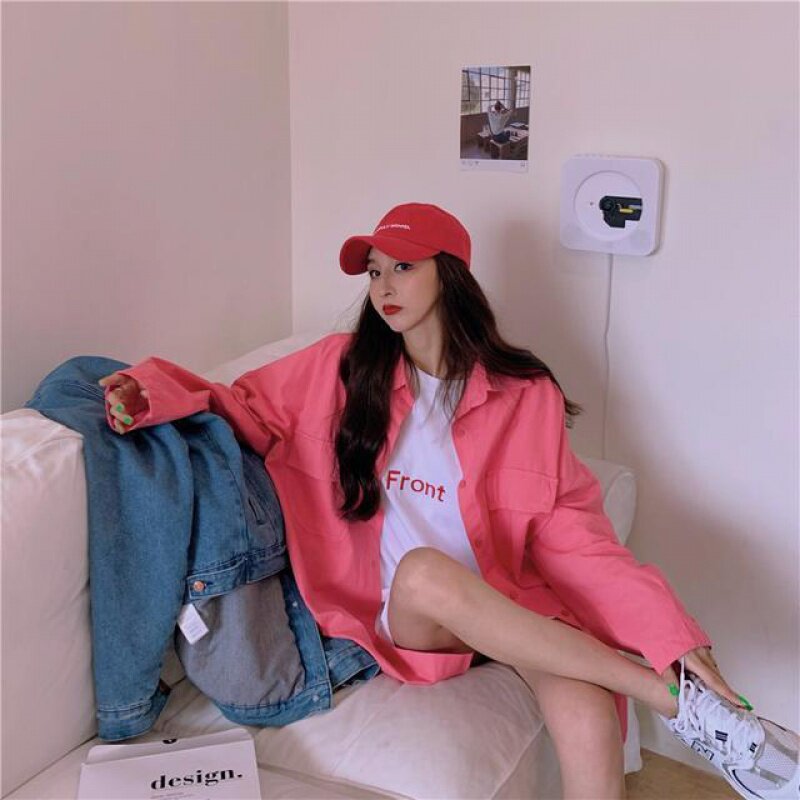 2022 fall new student Korean version loose bf windshirt pure female pocket turnover shirt round collar embroidered T-shirt
