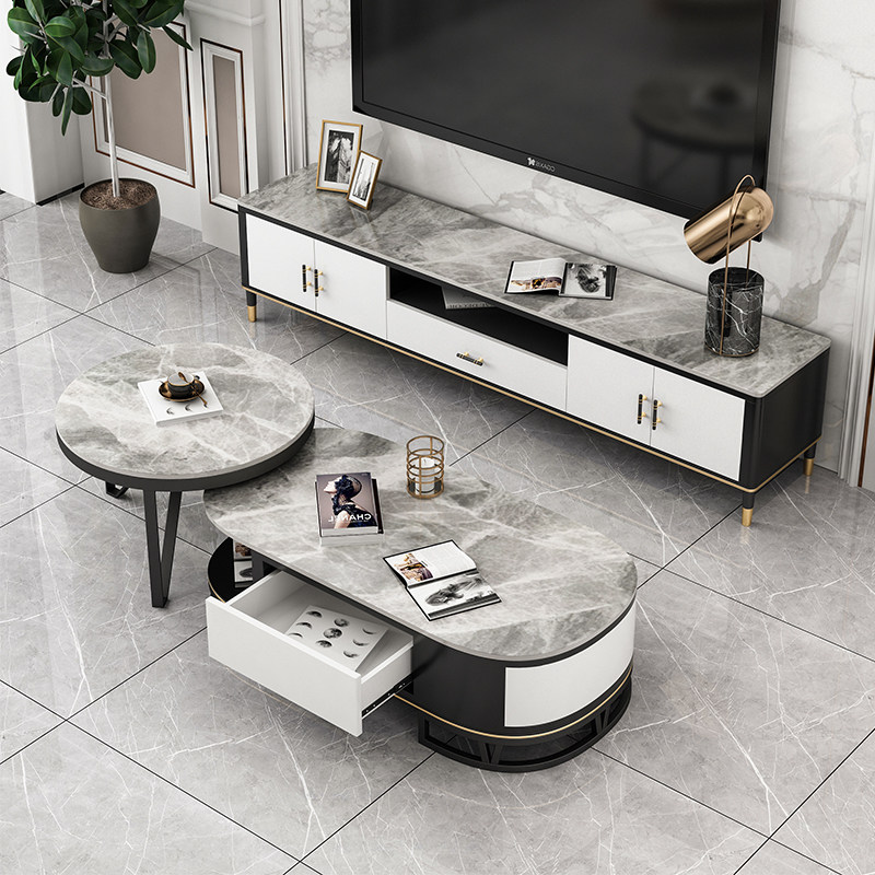 Slate coffee table TV cabinet combination Italian light luxury Italian modern minimalist oval small living room gray