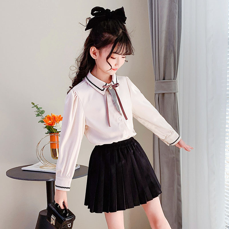 Girls' shirts autumn new suit 2022 fashionable Korean version of the Western style bow in the big boy's top two-piece set