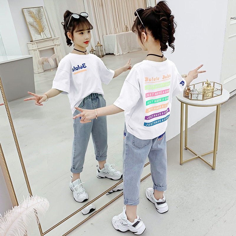 Girls' suits summer middle-aged children's Korean version 2022 new cotton children's Western style casual jeans two-piece tide
