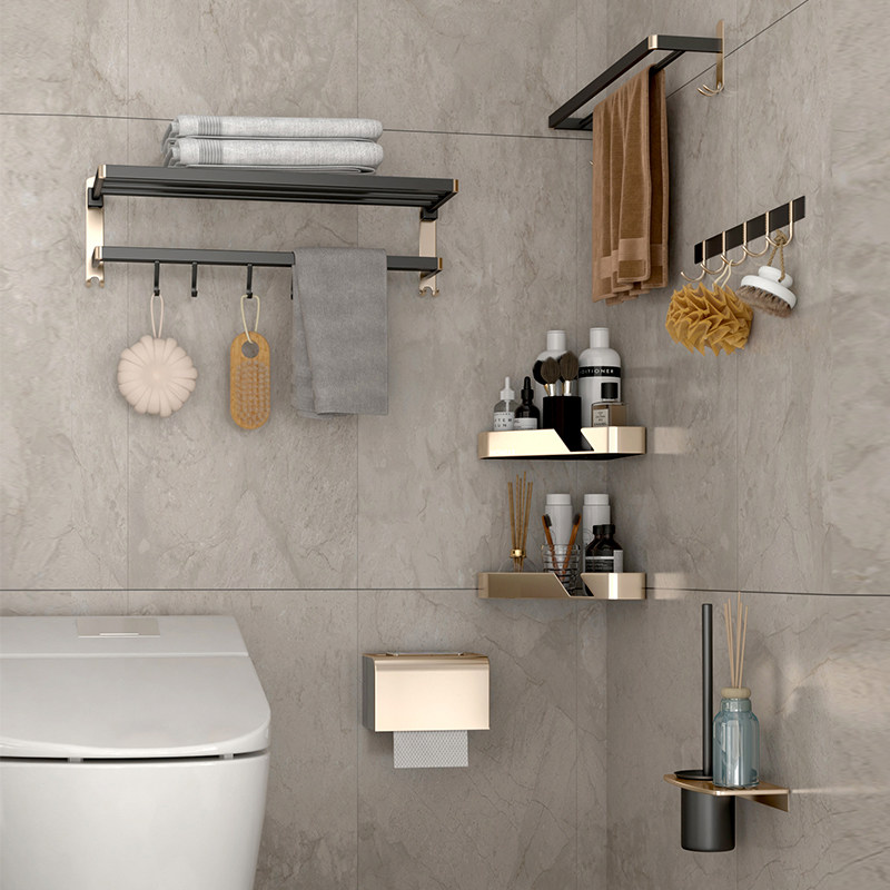 Bathroom rack light luxury style towel rack rod free punching space aluminum bathroom wall hanging golden suit storage rack