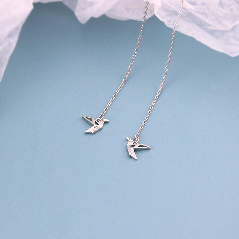 s925 silver flash diamond thousand paper crane ear line women's trendy simple temperament super fairy forest long earrings show face thin earrings