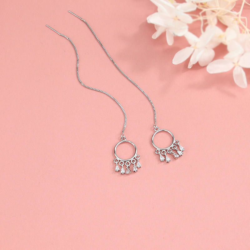 s925 Silver Streaming Su Dreamnet Elements Ear Necklace Women, Japan, South Korea Brief Retro Super Fairy's Long version of earrings with a face and thin earrings