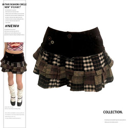 Plus Size Summer New Style Color-Blocked Layered Retro Corduroy Plaid Short Skirt A-Line Button-Up Hot Girl Style Tiered Skirt