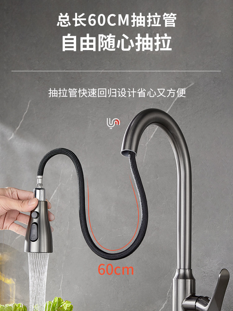 Kitchen Faucet with Hot and Cold Water, Pull-Out, Swivel, Retractable, Splash-Proof, for Home Use, Showerhead, Sink, Dishwashing, Handwashing Basin