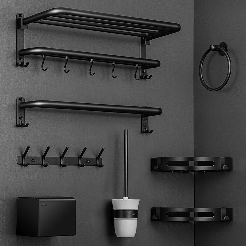 Black punch-free towel rack stainless steel 304 bath towel rack shelf wall hanging toilet bathroom toilet shelf
