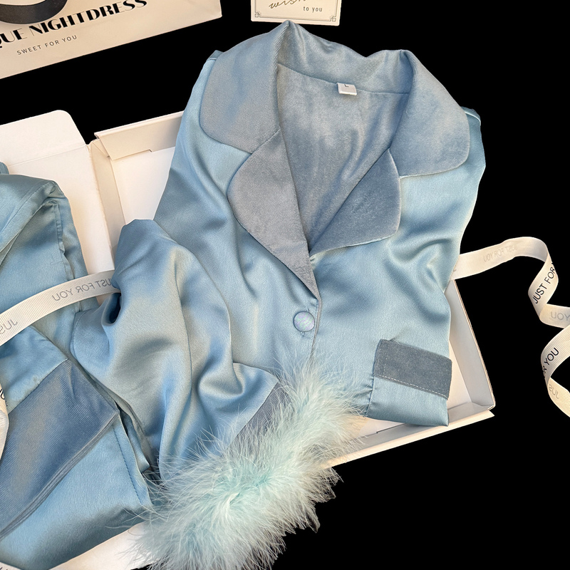 Feather-Sleeved Sky Blue Island Velvet Pajamas for Women, Winter Fleece-Lined, Warm, High-End, Luxurious Satin Cardigan Loungewear Feather-Sleeved Sky Blue Island Velvet Pajamas for Women, Winter Fleece-Lined, Warm, High-End, Luxurious Satin Cardigan Loungewear