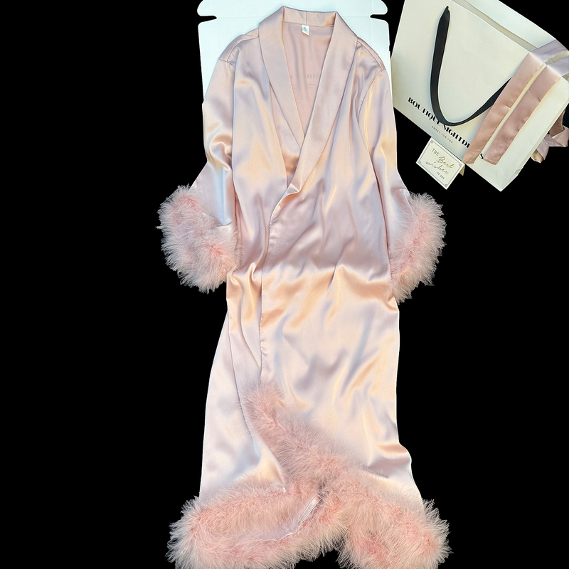 Feather Cuffs, Ice Silk Pink Nightgown for Women, Four-Season Long-Sleeved Bathrobe, High-End Ladylike Lace-Up Dressing Gown, Pajamas Feather Cuffs, Ice Silk Pink Nightgown for Women, Four-Season Long-Sleeved Bathrobe, High-End Ladylike Lace-Up Dressing Gown, Pajamas