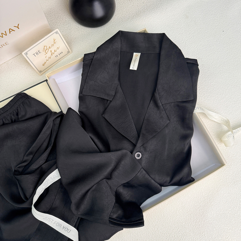 Acetate Satin Couple's Ice Silk Pajamas for Women, Spring and Autumn Long-Sleeved Pure Black High-End Men's Simple Large-Size Loungewear