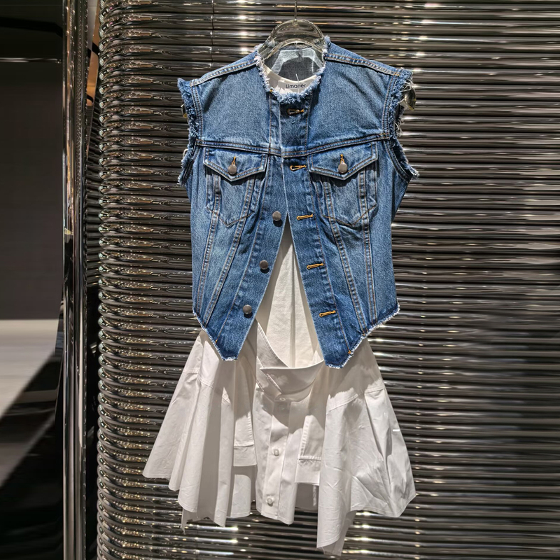 Limaner2026 Spring and Summer New Denim Vest Spliced Dress Women's Fake Two-Piece Sleeveless Waist-Cinching Short Skirt Trendy