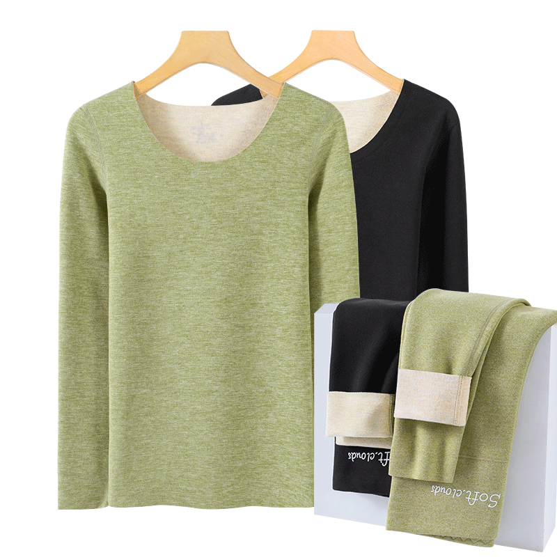 德绒保暖内衣女士加绒加厚打底衫冬季发热秋衣秋裤女套装上衣单件