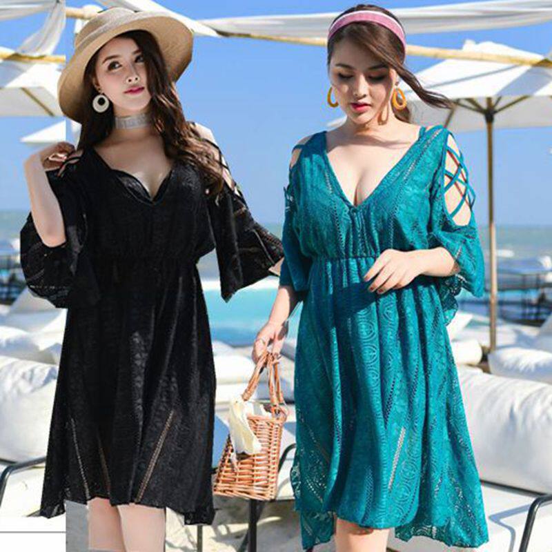 Large size swimsuit female fat mm long version 200kg belly covering slim sexy three-piece set big chest two-piece high waist swimsuit