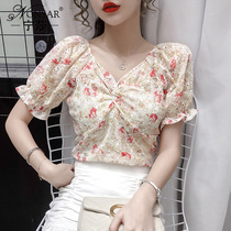 2020 summer new Korean version wild retro bubble sleeve lace shirt short-sleeved floral shirt top womens trend