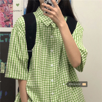 PPHOME straight female killer ~ Korean ancient girls sense of color burst good-looking green small plaid shirt