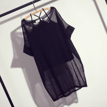 Womens round neck short sleeve plus size two-piece pullover thin top Summer loose plus size Korean version of suspender gauze blouse women