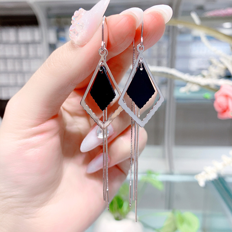 02 new earrings s925 sterling silver long diamond-shaped European and American style square geometric earrings atmospheric earrings women's sense of luxury