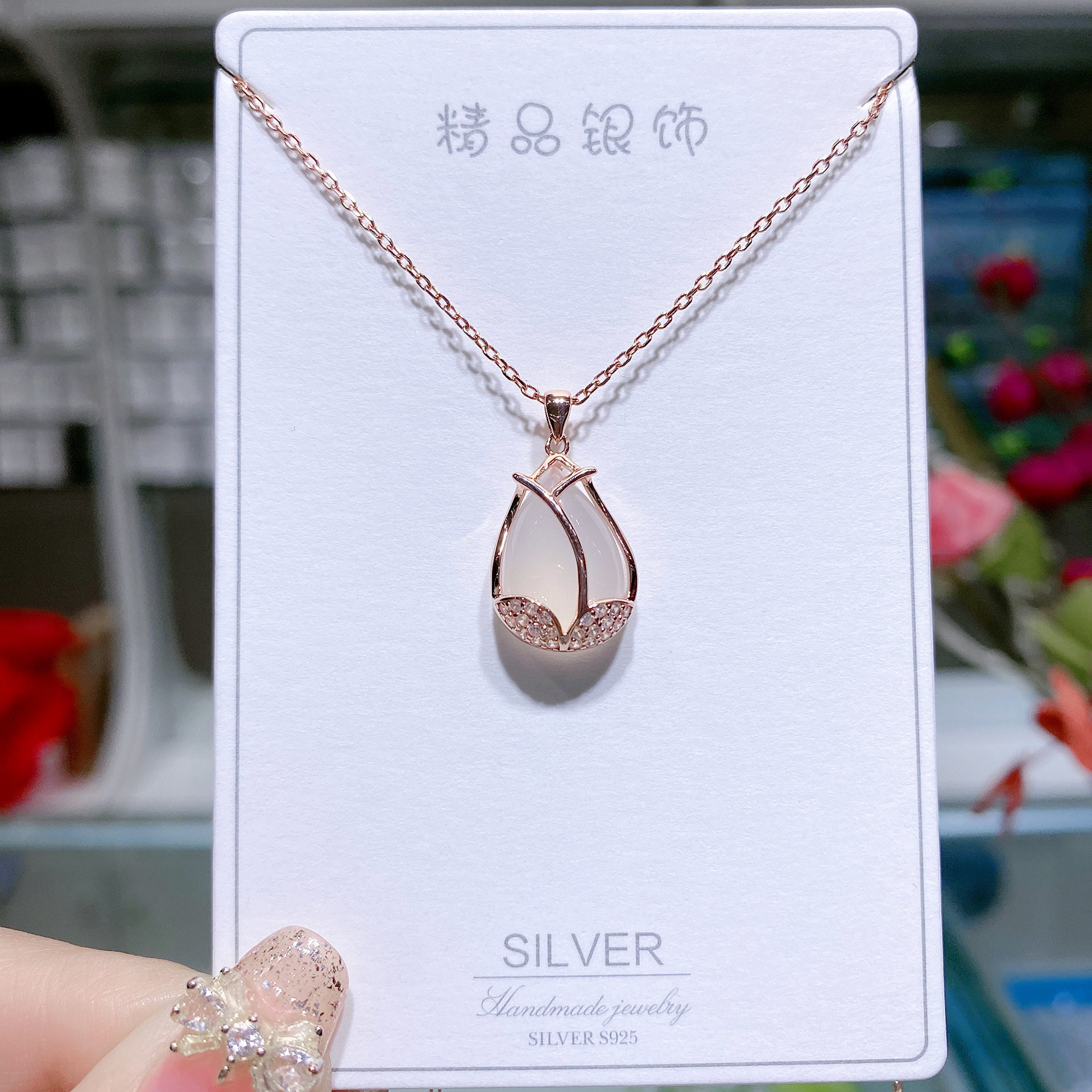Rose Gold Tulip Pendant Sterling Silver Necklace Girls Fashion Versatile Clavicle Chain White Chalcedony Pendant Crystal Silver Jewelry - Taobao