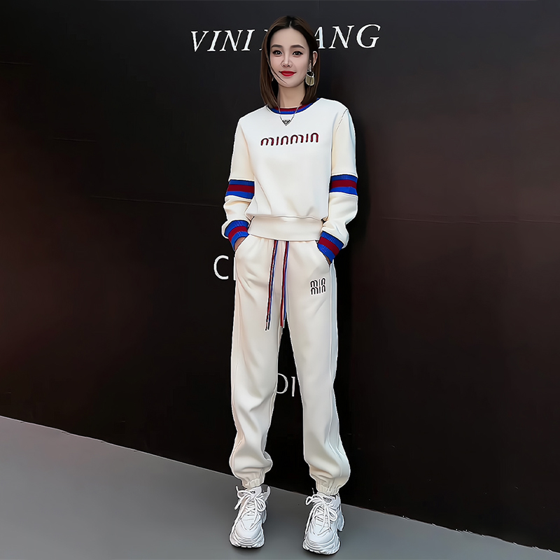 Running Bunch Pants Casual Sports Suit Women 2023 Autumn Winter New White Loose thickened sweatshirt Two sets-Taobao