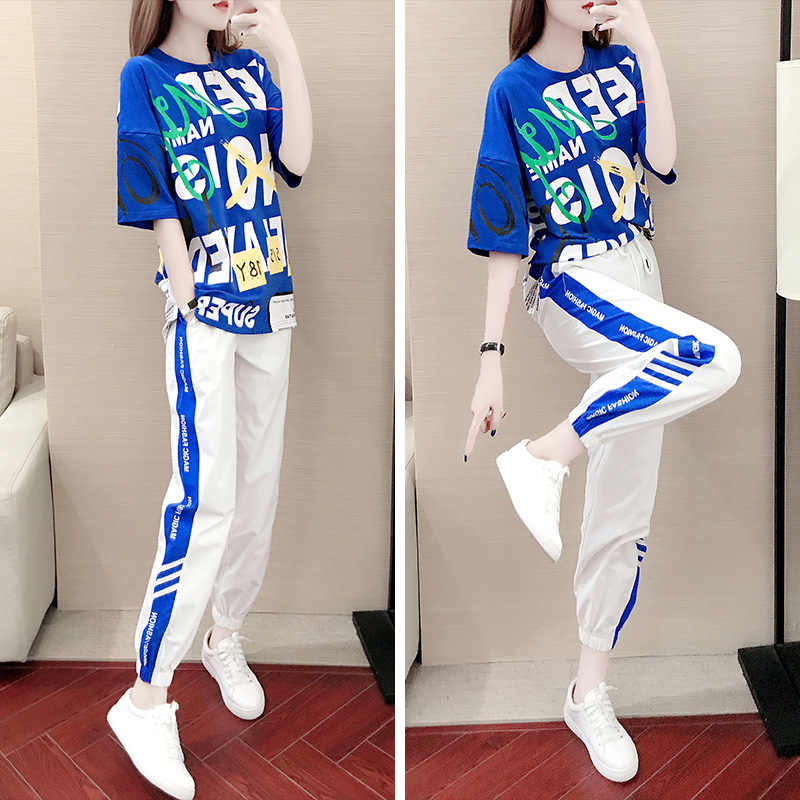 2023 Casual Sports Suit Women's Summer New Tide Card Hip-hop Korean Version Loose Foreign Air T-shirt Fashion Two Sets-Taobao
