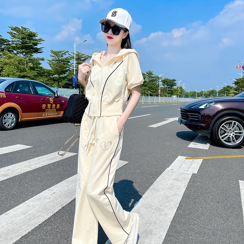 Summer New Casual Fashion Versatile Trendy Two-Piece Set Solid Color Cardigan Hooded Top Printed Casual Pants Set