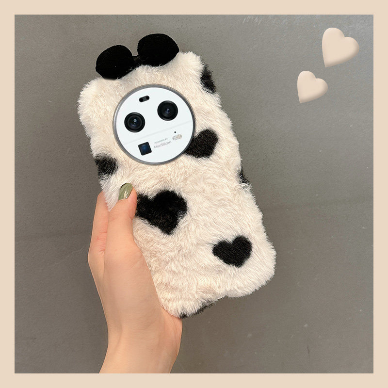 Fluffy Black and White Heart Bowknot Case for Oppo Find X6 Pro, Find X3, Find X5, Find X2, Find X1, Trendy and Simple, Popular among Influencers, Autumn and Winter Style for Girls
