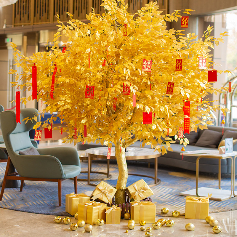 Simulation golden banyan tree money tree wishing tree large fake tree fortune tree New Year's blessing red envelope tree money tree