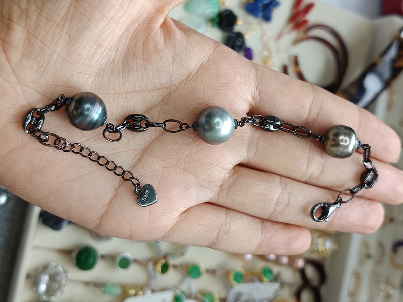 523-11-12+ Natural Tahitian Black Pearl Bracelet, Silver, Suitable for Wearing Within 21 Inches