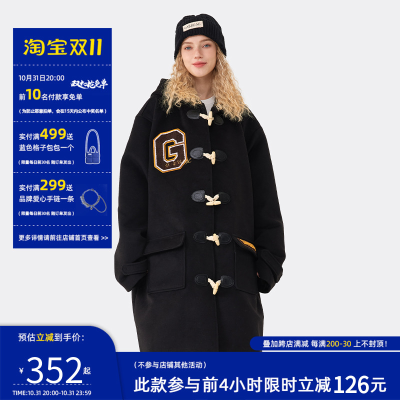 GARBEGE Magic Academy wind black thickened woolen coat 2022 autumn and winter new horn button trench coat