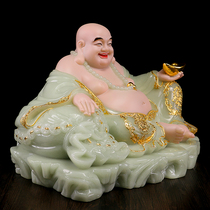 Han white jade inlaid gold Maitreya Buddha statue big belly laughing Buddha living room ornament cloth bag monk company opening housewarming gifts