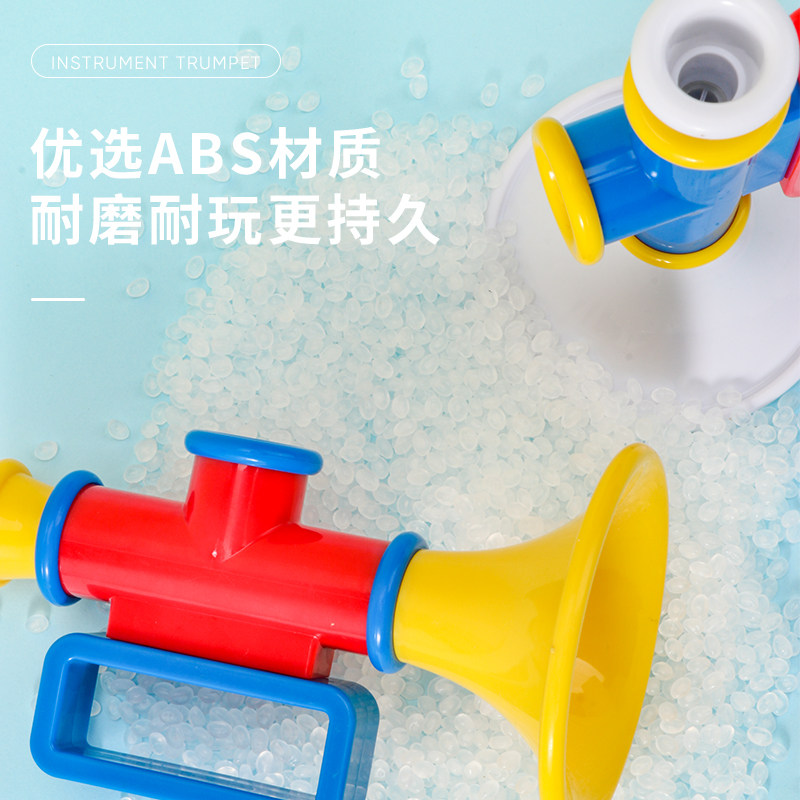 The children blow the trumpet with a little horn.