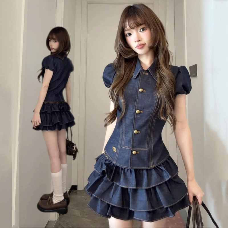 Summer College Style Petite ins Outfit Denim Two-Piece Set Women's Shirt and Short Skirt Complete Set
