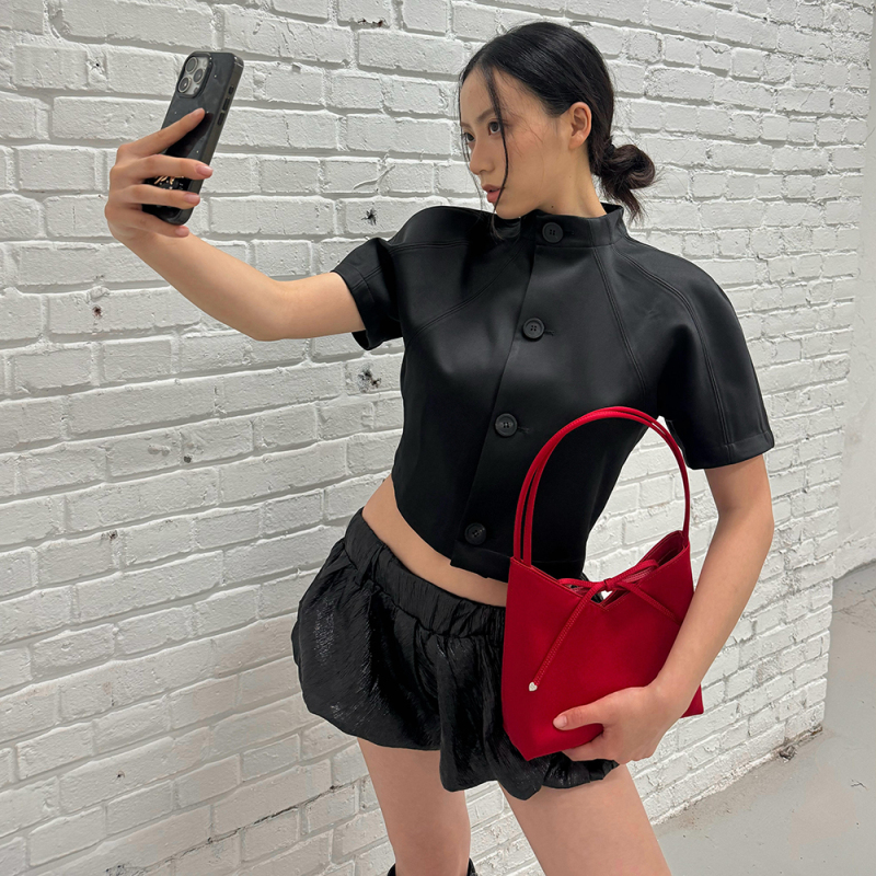 Summer Black Stand-Up Collar Short-Sleeved Shirt T-Shirt for Women with a Niche Design and a High-End Feel, Short Shirt, Satin Top for Summer Summer Black Stand-Up Collar Short-Sleeved Shirt T-Shirt for Women with a Niche Design and a High-End Feel, Short Shirt, Satin Top for Summer