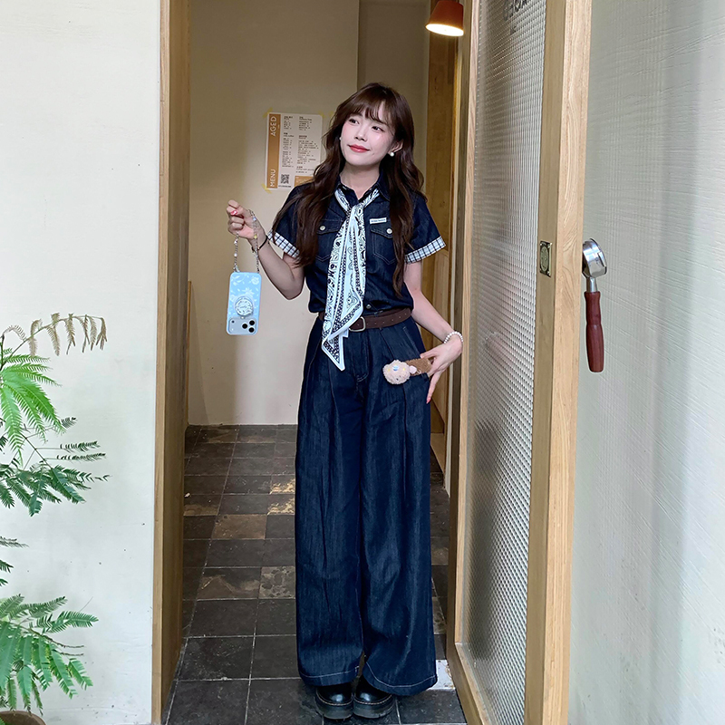 Wilderness Space Summer Original Color Tencel Denim Set 2026 New Women's Summer Wide-Leg Pants Outfit Two-Piece Trendy Set Wilderness Space Summer Original Color Tencel Denim Set 2026 New Women's Summer Wide-Leg Pants Outfit Two-Piece Trendy Set