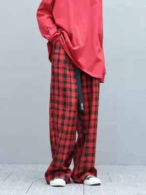 Wang Jiaer same T-shirt suit red plaid wide leg pants men's and women's hanging high waist straight draping casual pants loose