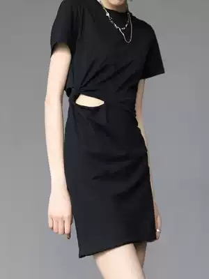 2021 summer solid color thin short sleeve slim dress hollow open waist design sense bottom sexy hip skirt women