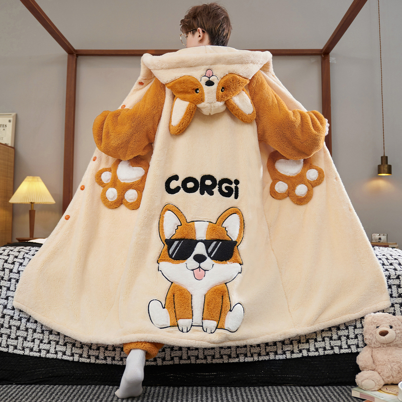 Men's Coral Fleece Pajamas, Autumn and Winter Corgi Puppy Hooded Thick Plush Cloak, Youth Large Size Loungewear