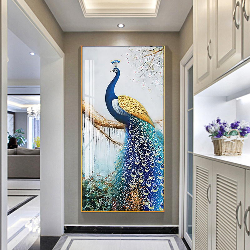 Modern brief Xuan Xuan Guan Guan Decoration Painting Corridor Aisle Vertical Version Hung Painting Large Mural Inlaid Drilling Crystal Porcelain Painting Rich peacock